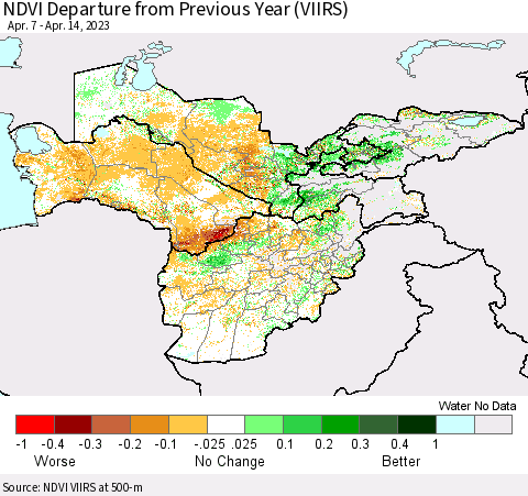 Central Asia NDVI Departure from Previous Year (VIIRS) Thematic Map For 4/7/2023 - 4/14/2023