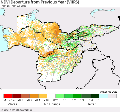 Central Asia NDVI Departure from Previous Year (VIIRS) Thematic Map For 4/15/2023 - 4/22/2023