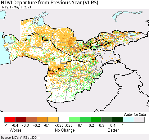 Central Asia NDVI Departure from Previous Year (VIIRS) Thematic Map For 5/1/2023 - 5/8/2023