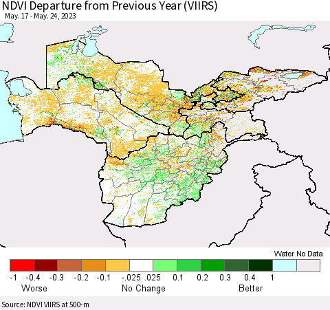 Central Asia NDVI Departure from Previous Year (VIIRS) Thematic Map For 5/17/2023 - 5/24/2023