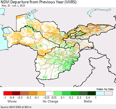 Central Asia NDVI Departure from Previous Year (VIIRS) Thematic Map For 5/25/2023 - 6/1/2023