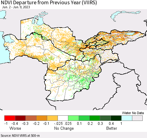 Central Asia NDVI Departure from Previous Year (VIIRS) Thematic Map For 6/2/2023 - 6/9/2023