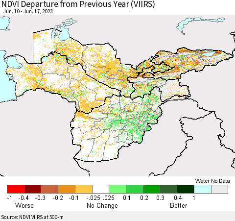 Central Asia NDVI Departure from Previous Year (VIIRS) Thematic Map For 6/10/2023 - 6/17/2023
