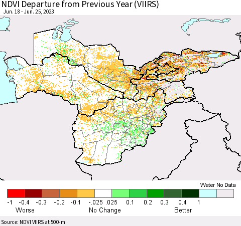 Central Asia NDVI Departure from Previous Year (VIIRS) Thematic Map For 6/18/2023 - 6/25/2023