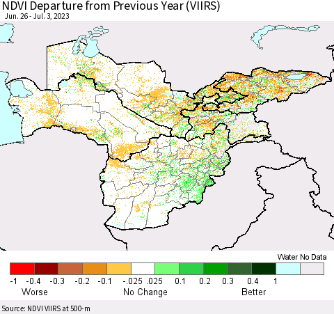 Central Asia NDVI Departure from Previous Year (VIIRS) Thematic Map For 6/26/2023 - 7/3/2023
