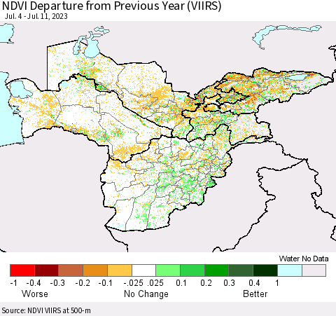 Central Asia NDVI Departure from Previous Year (VIIRS) Thematic Map For 7/4/2023 - 7/11/2023