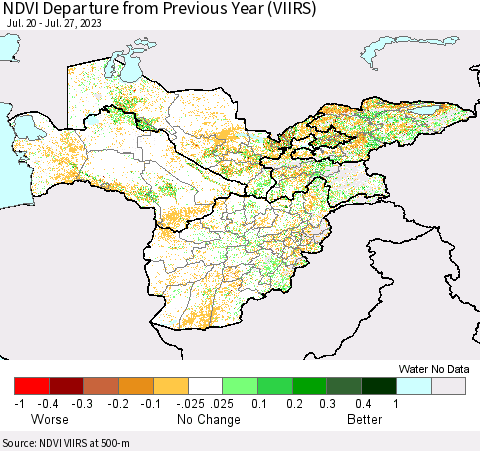 Central Asia NDVI Departure from Previous Year (VIIRS) Thematic Map For 7/20/2023 - 7/27/2023