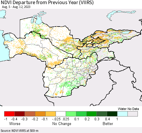 Central Asia NDVI Departure from Previous Year (VIIRS) Thematic Map For 8/5/2023 - 8/12/2023