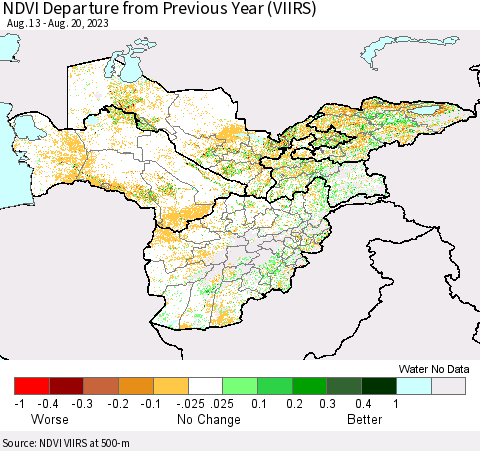 Central Asia NDVI Departure from Previous Year (VIIRS) Thematic Map For 8/13/2023 - 8/20/2023