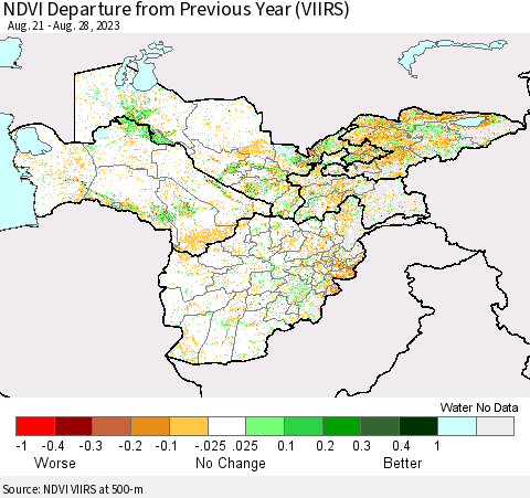 Central Asia NDVI Departure from Previous Year (VIIRS) Thematic Map For 8/21/2023 - 8/28/2023
