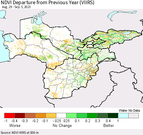 Central Asia NDVI Departure from Previous Year (VIIRS) Thematic Map For 8/29/2023 - 9/5/2023