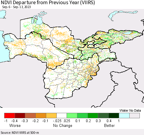 Central Asia NDVI Departure from Previous Year (VIIRS) Thematic Map For 9/6/2023 - 9/13/2023