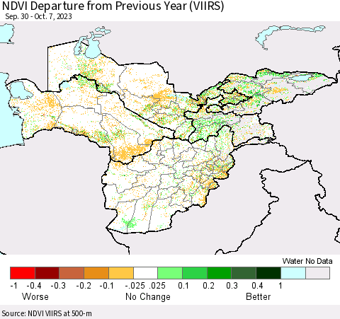 Central Asia NDVI Departure from Previous Year (VIIRS) Thematic Map For 9/30/2023 - 10/7/2023
