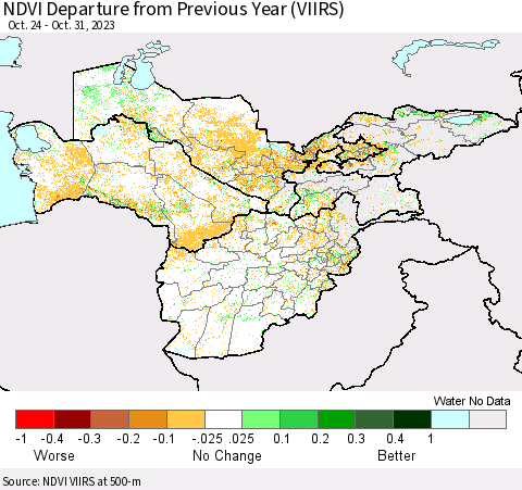Central Asia NDVI Departure from Previous Year (VIIRS) Thematic Map For 10/24/2023 - 10/31/2023