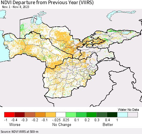 Central Asia NDVI Departure from Previous Year (VIIRS) Thematic Map For 11/1/2023 - 11/8/2023