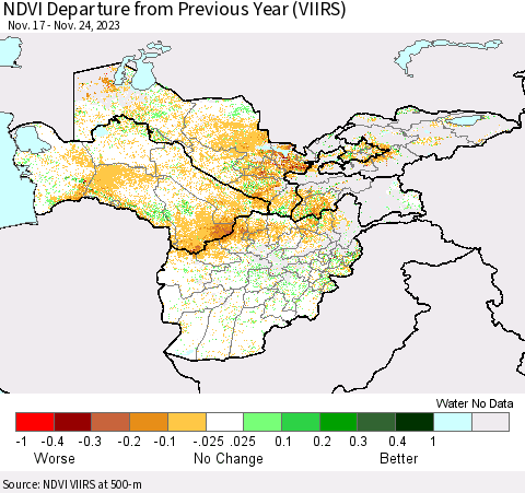 Central Asia NDVI Departure from Previous Year (VIIRS) Thematic Map For 11/17/2023 - 11/24/2023