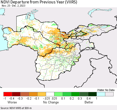 Central Asia NDVI Departure from Previous Year (VIIRS) Thematic Map For 11/25/2023 - 12/2/2023