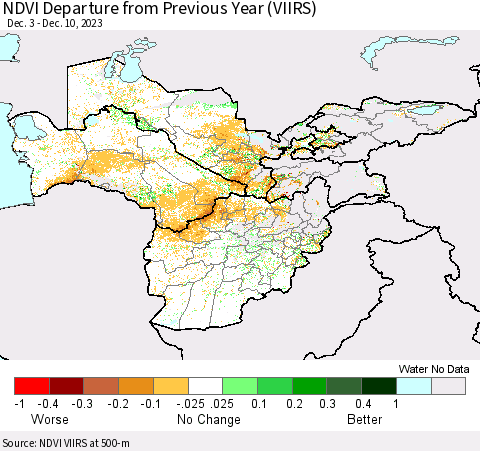 Central Asia NDVI Departure from Previous Year (VIIRS) Thematic Map For 12/3/2023 - 12/10/2023