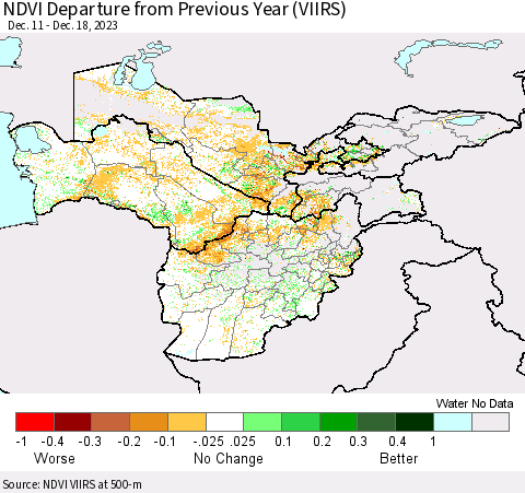 Central Asia NDVI Departure from Previous Year (VIIRS) Thematic Map For 12/11/2023 - 12/18/2023