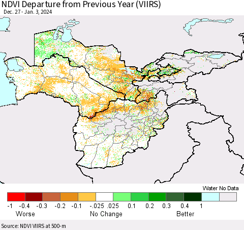 Central Asia NDVI Departure from Previous Year (VIIRS) Thematic Map For 12/27/2023 - 1/3/2024