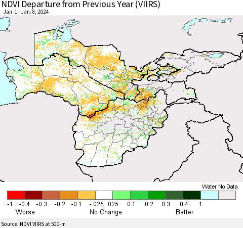 Central Asia NDVI Departure from Previous Year (VIIRS) Thematic Map For 1/1/2024 - 1/8/2024