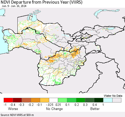 Central Asia NDVI Departure from Previous Year (VIIRS) Thematic Map For 1/9/2024 - 1/16/2024