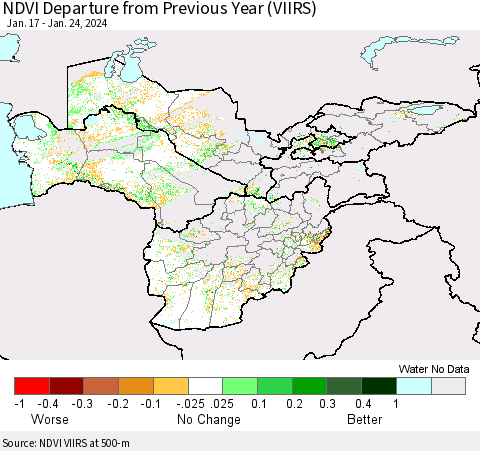 Central Asia NDVI Departure from Previous Year (VIIRS) Thematic Map For 1/17/2024 - 1/24/2024