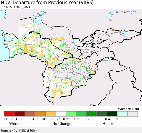 Central Asia NDVI Departure from Previous Year (VIIRS) Thematic Map For 1/25/2024 - 2/1/2024