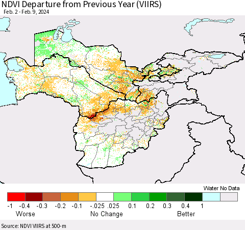 Central Asia NDVI Departure from Previous Year (VIIRS) Thematic Map For 2/2/2024 - 2/9/2024