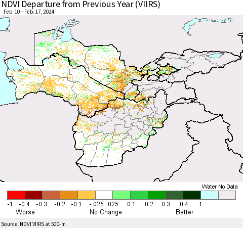 Central Asia NDVI Departure from Previous Year (VIIRS) Thematic Map For 2/10/2024 - 2/17/2024