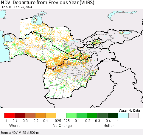 Central Asia NDVI Departure from Previous Year (VIIRS) Thematic Map For 2/18/2024 - 2/25/2024