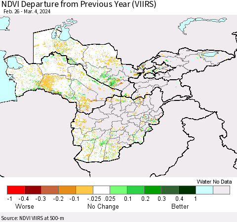 Central Asia NDVI Departure from Previous Year (VIIRS) Thematic Map For 2/26/2024 - 3/4/2024