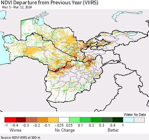 Central Asia NDVI Departure from Previous Year (VIIRS) Thematic Map For 3/5/2024 - 3/12/2024