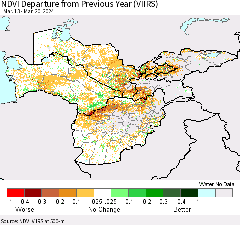 Central Asia NDVI Departure from Previous Year (VIIRS) Thematic Map For 3/13/2024 - 3/20/2024