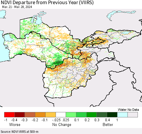 Central Asia NDVI Departure from Previous Year (VIIRS) Thematic Map For 3/21/2024 - 3/28/2024