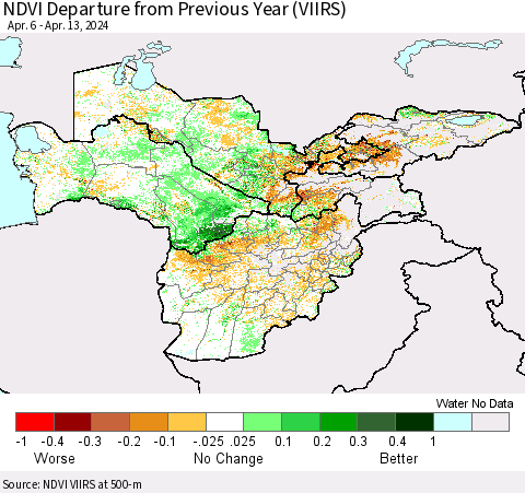 Central Asia NDVI Departure from Previous Year (VIIRS) Thematic Map For 4/6/2024 - 4/13/2024