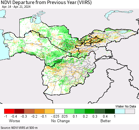 Central Asia NDVI Departure from Previous Year (VIIRS) Thematic Map For 4/14/2024 - 4/21/2024