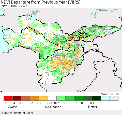Central Asia NDVI Departure from Previous Year (VIIRS) Thematic Map For 5/8/2024 - 5/15/2024