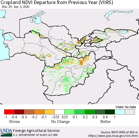 Central Asia Cropland NDVI Departure from Previous Year (VIIRS) Thematic Map For 4/1/2020 - 4/10/2020