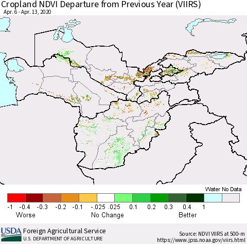 Central Asia Cropland NDVI Departure from Previous Year (VIIRS) Thematic Map For 4/11/2020 - 4/20/2020