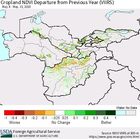 Central Asia Cropland NDVI Departure from Previous Year (VIIRS) Thematic Map For 5/11/2020 - 5/20/2020