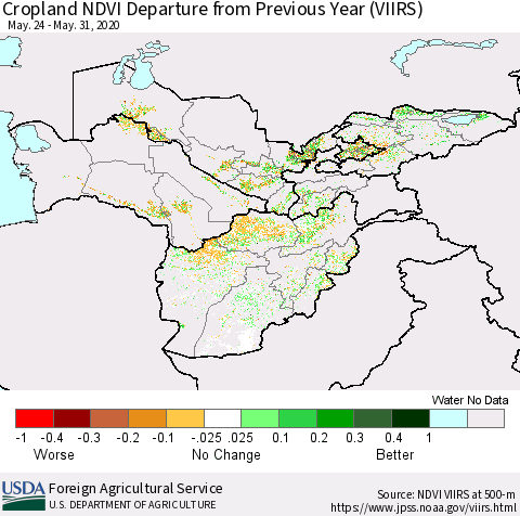 Central Asia Cropland NDVI Departure from Previous Year (VIIRS) Thematic Map For 5/21/2020 - 5/31/2020