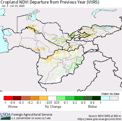 Central Asia Cropland NDVI Departure from Previous Year (VIIRS) Thematic Map For 7/1/2020 - 7/10/2020
