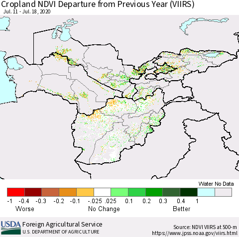 Central Asia Cropland NDVI Departure from Previous Year (VIIRS) Thematic Map For 7/11/2020 - 7/20/2020