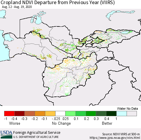 Central Asia Cropland NDVI Departure from Previous Year (VIIRS) Thematic Map For 8/11/2020 - 8/20/2020