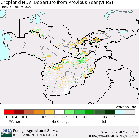 Central Asia Cropland NDVI Departure from Previous Year (VIIRS) Thematic Map For 12/21/2020 - 12/31/2020