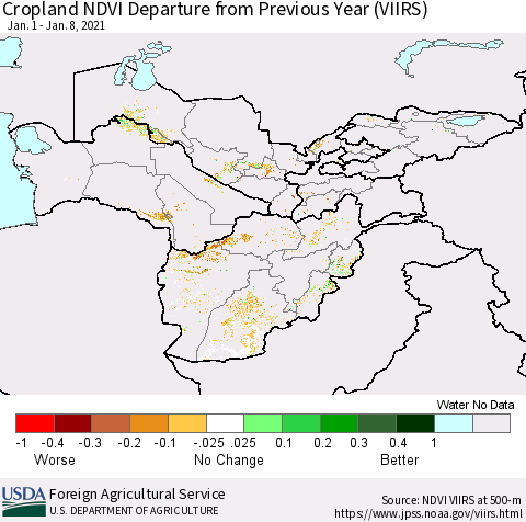 Central Asia Cropland NDVI Departure from Previous Year (VIIRS) Thematic Map For 1/1/2021 - 1/10/2021