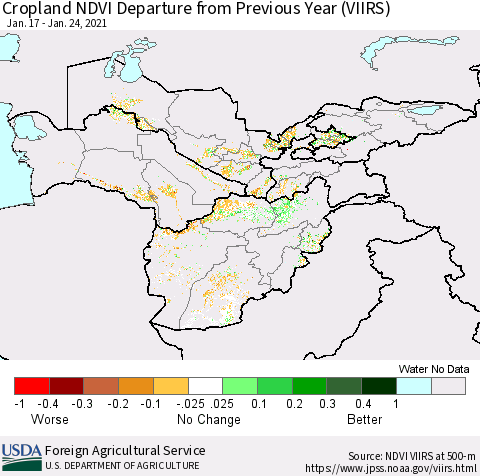 Central Asia Cropland NDVI Departure from Previous Year (VIIRS) Thematic Map For 1/21/2021 - 1/31/2021