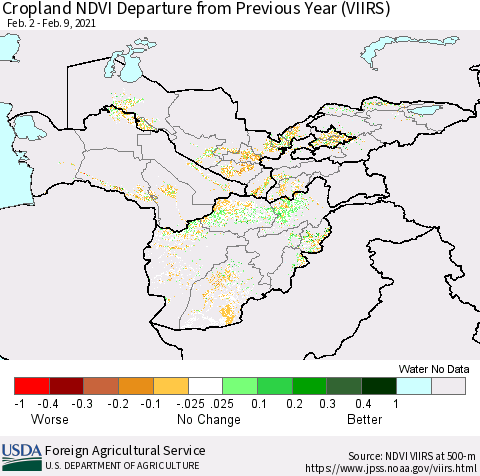 Central Asia Cropland NDVI Departure from Previous Year (VIIRS) Thematic Map For 2/1/2021 - 2/10/2021