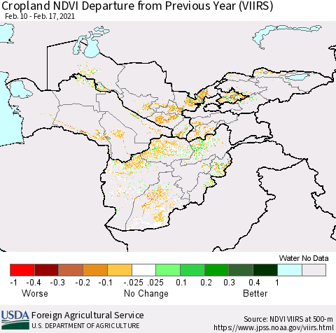Central Asia Cropland NDVI Departure from Previous Year (VIIRS) Thematic Map For 2/11/2021 - 2/20/2021